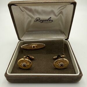 Vintage Royale‎ Gold Tone Cufflinks Tie Bar Set Vintage Men's Formal Jewelry
